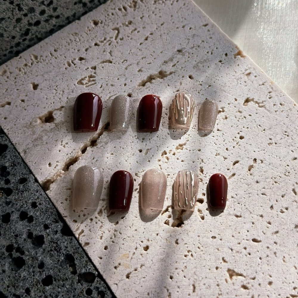 Wine and Whisper Lines Set/Handmade Short Coffin shape Press on Nails